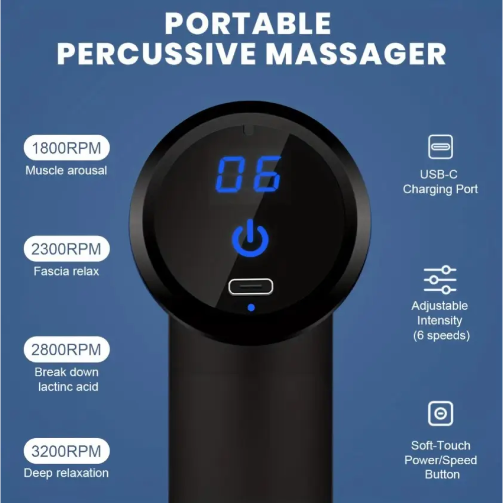 Аккумуляторный перкуссионный массажер Massage Gun 720 дисплеем. 6 Уровней. 4 Насадки. Type-C