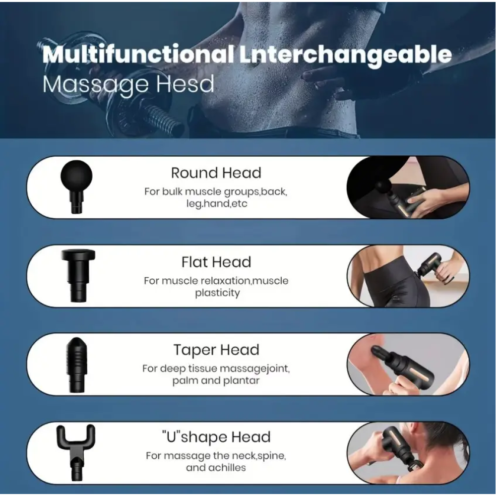 Аккумуляторный перкуссионный массажер Massage Gun 720 дисплеем. 6 Уровней. 4 Насадки. Type-C