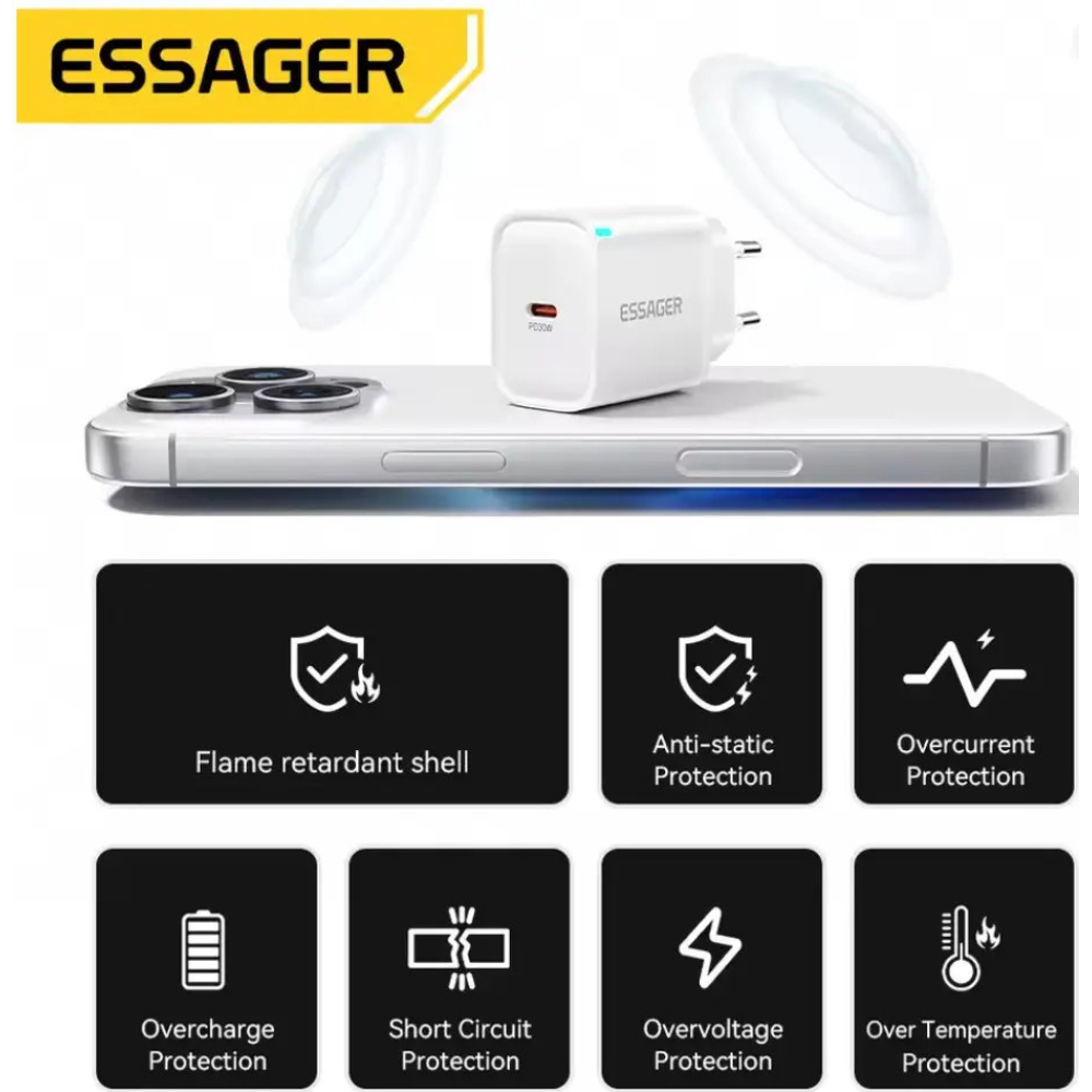 Мережевий зарядний пристрій Essager 30W ES-CD52 QC3.0  AFC FCP SCP  (Швидка зарядка) Type-C