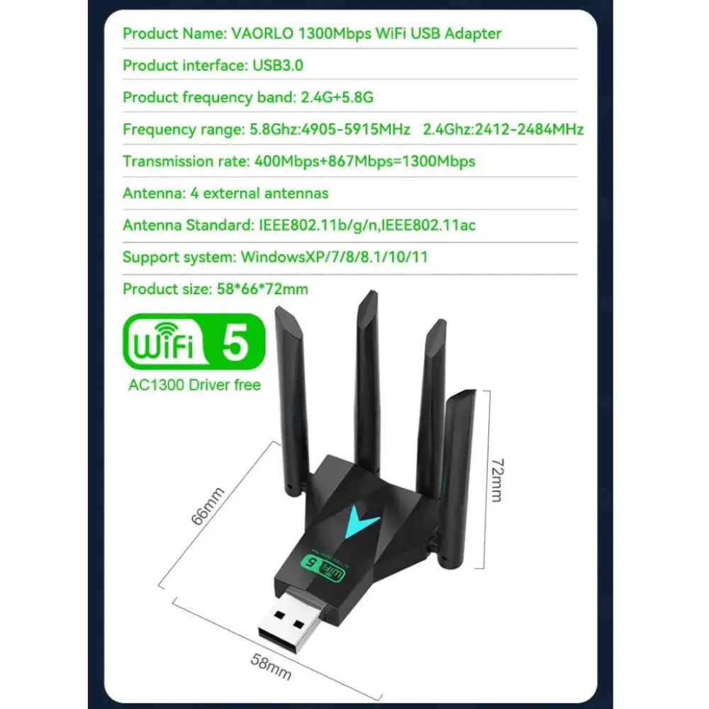 Wi-Fi адаптер AC1300 WiFi5 USB 3.0 5Ггц+2.4Ггц 4 антени