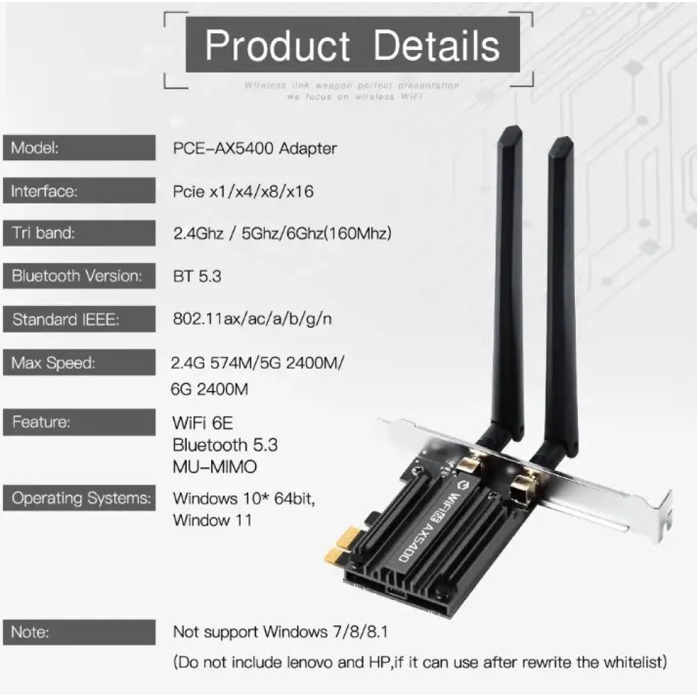 WIFI6 + Bluetooth 5.3 контролер AX5400 2.4G/5G/6Ghz PCIe адаптер Derapid MT7922 тридіапазонний
