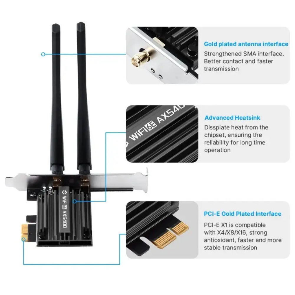 WIFI6 + Bluetooth 5.3 контролер AX5400 2.4G/5G/6Ghz PCIe адаптер Derapid MT7922 тридіапазонний