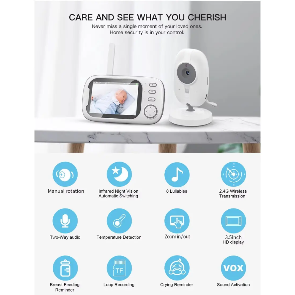 Відеоняня Baby Monitor ABM600-USB Type-c з монітором 3.5'' двостороннім зв'язком та нічним баченням