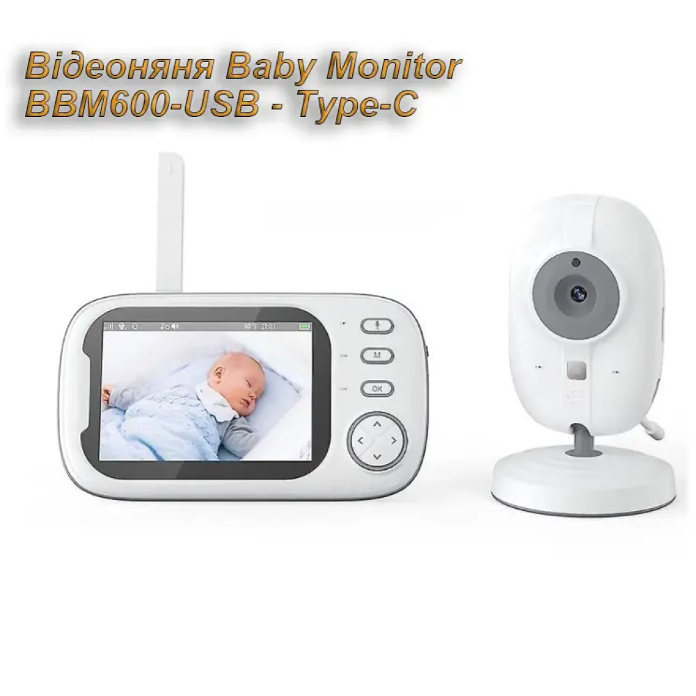 Відеоняня Baby Monitor ABM600-USB Type-c з монітором 3.5'' двостороннім зв'язком та нічним баченням