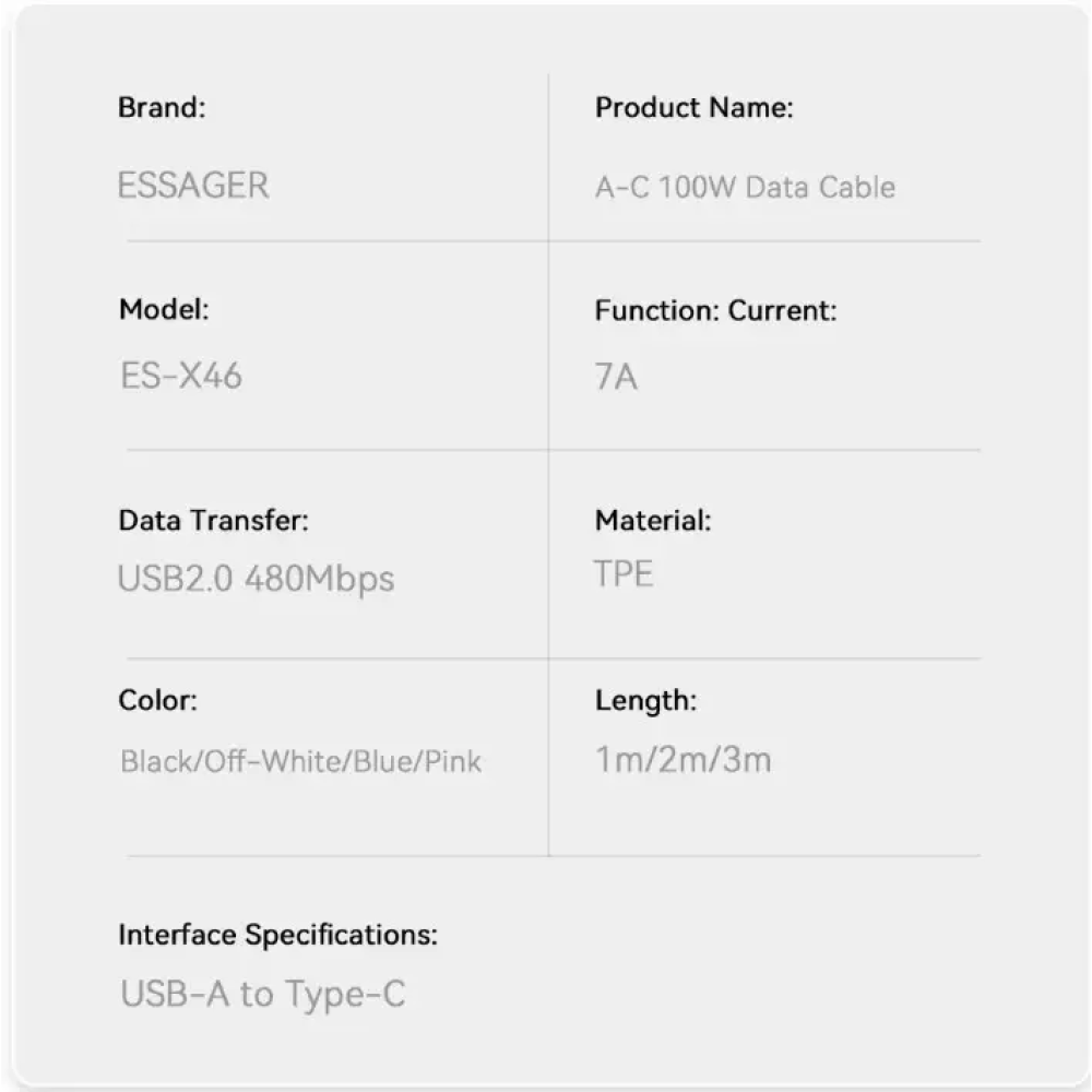 Кабель  USB - Type-c 100W Essager PD QC4.0 FCP AFC - 1m