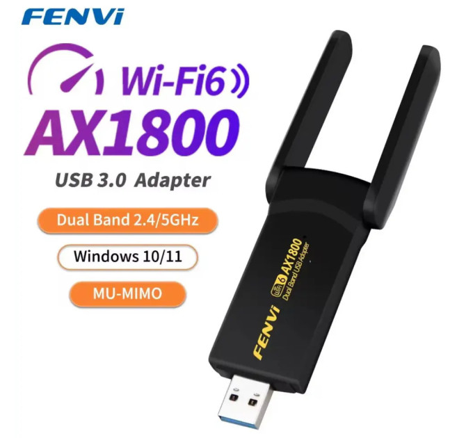 Wi-Fi адаптер AX1800 WiFi 6 USB 3.0 FENVI, дводіапазонний 2.4/5 ГГц Wi-Fi адаптер AX1800 WiFi 6 USB 3.0 FENVI, дводіапазонний 2.4/5 ГГц