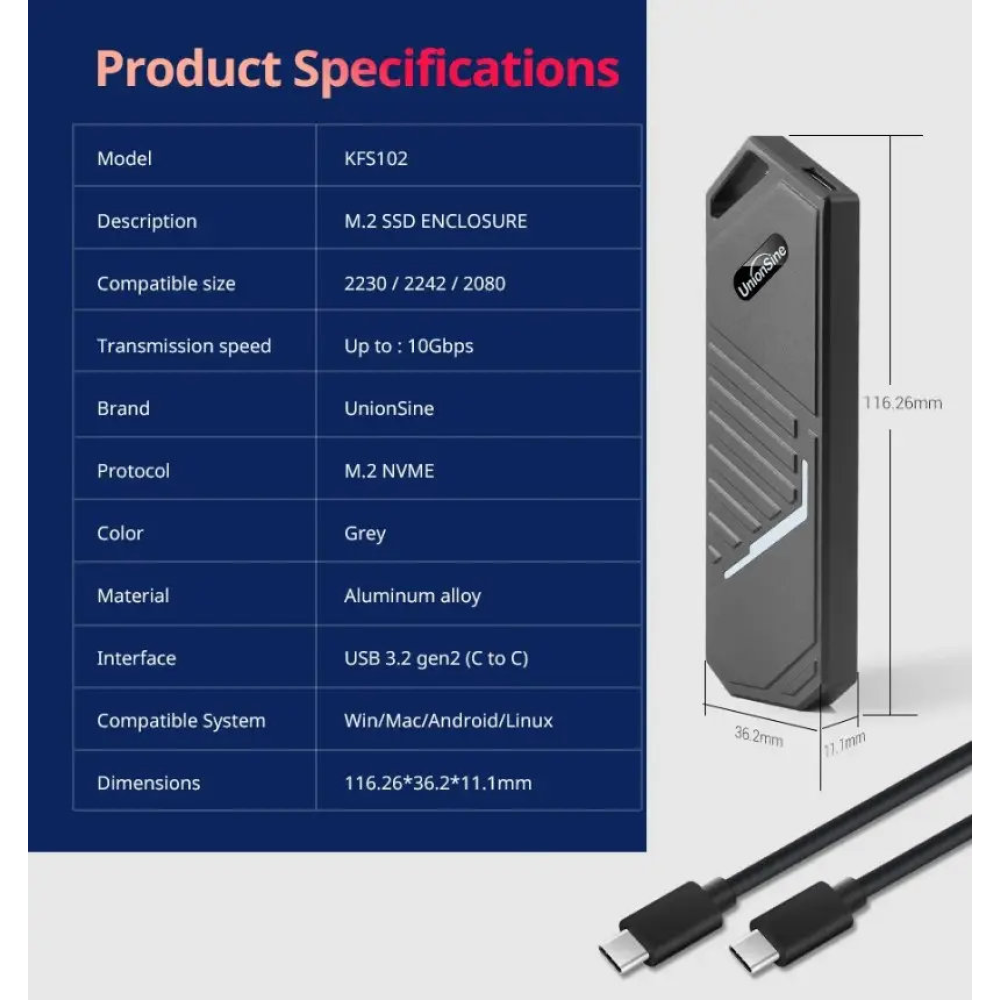 Зовнішня кишеня NVME m.2 SSD USB 3.0 + Type-C UnionSine KFS102 10G USB3.2 Gen2