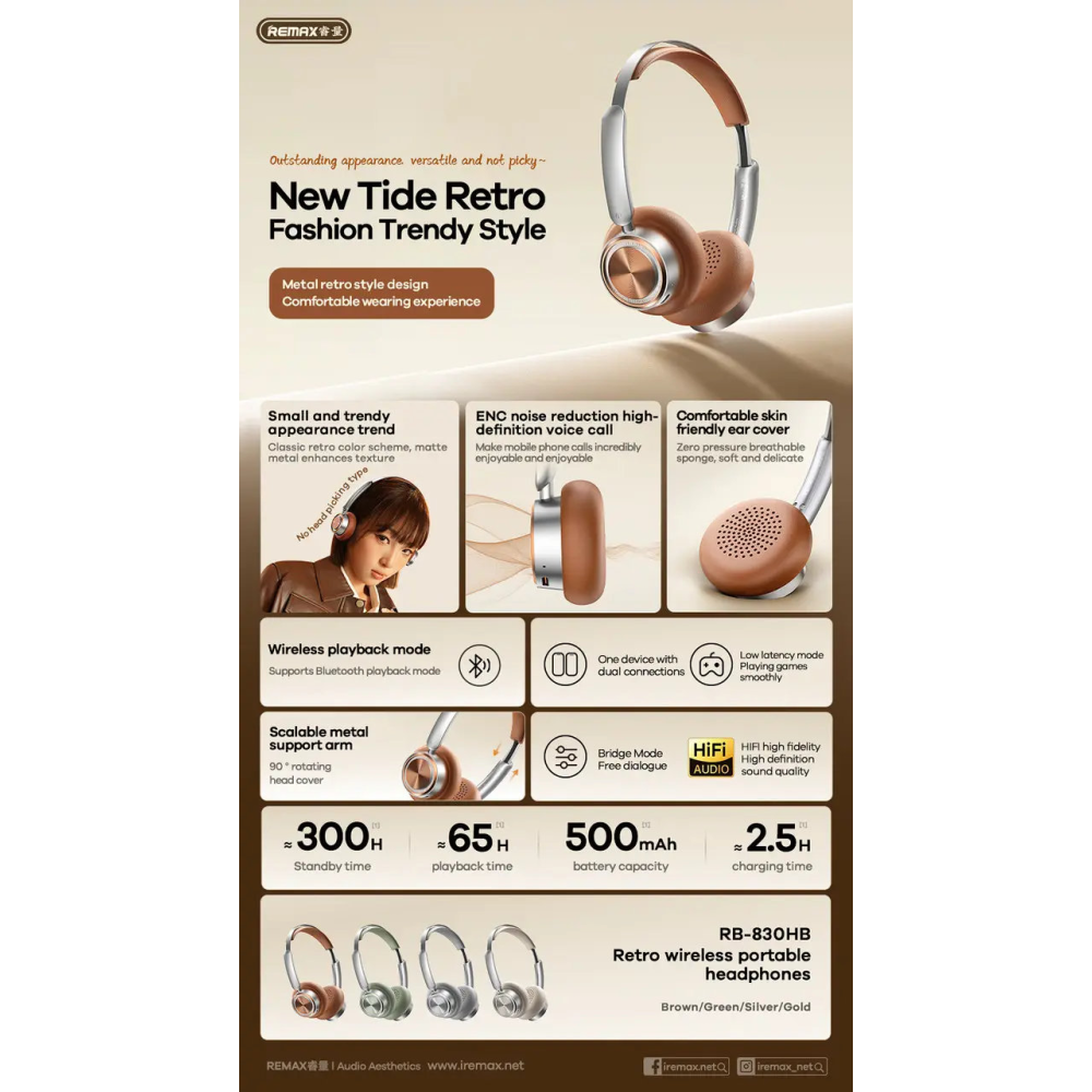 Bluetooth навушники Remax RB-830HB BT5.4 з мікрофоном ENC rown