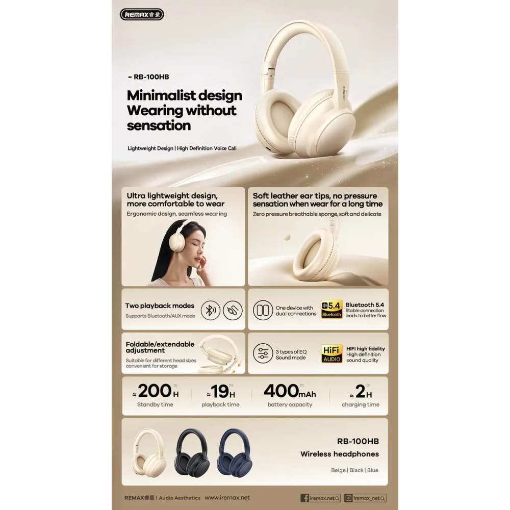 Bluetooth навушники Remax RB-100HB BT5.4 з мікрофоном Сині
