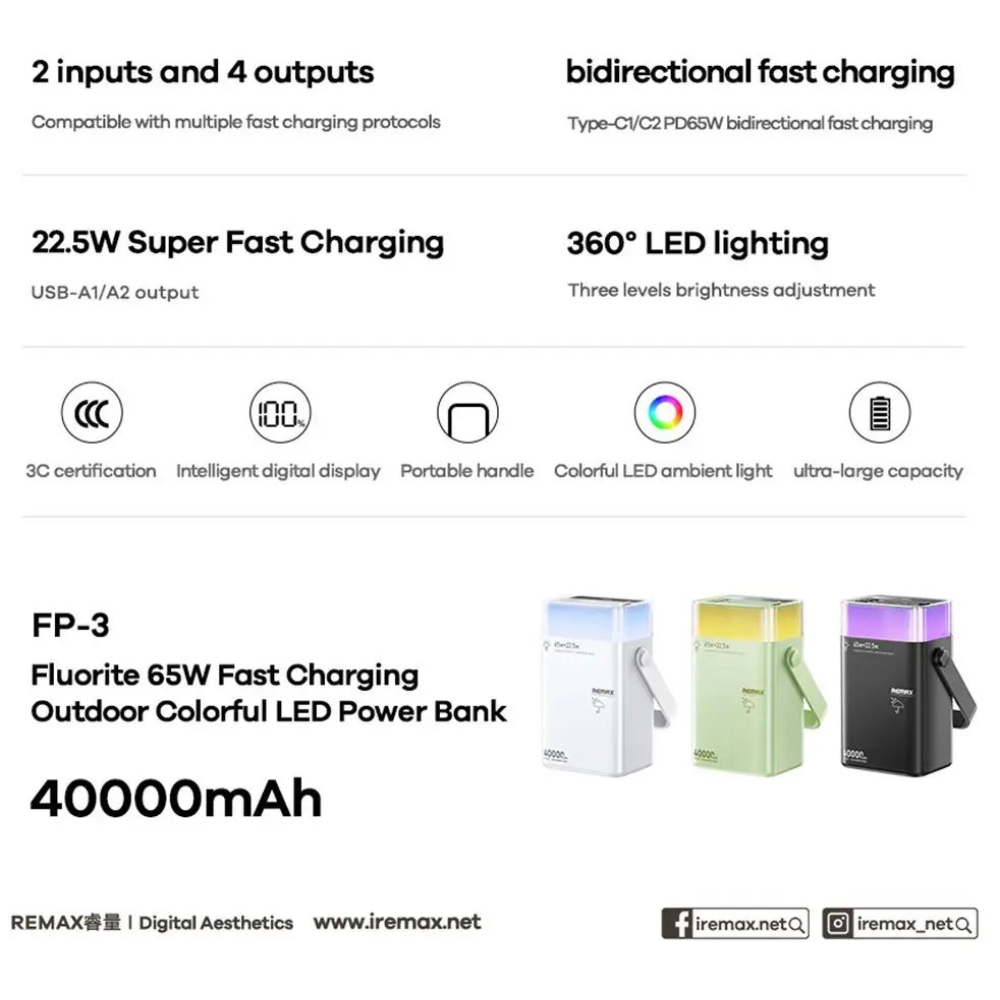УМБ Павербанк 40000mAh 65W  Remax FP-3 QC3.0 PD Швидка зарядка + ліхтар 360  Чорний Powerbank