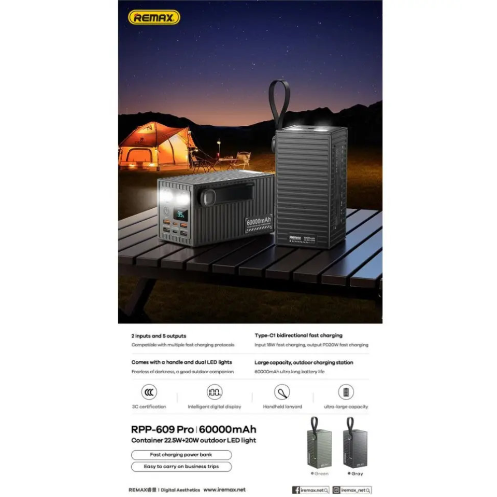 УМБ Павербанк 60000mAh 22.5W+20W  Remax RPP-609 Pro QC3.0 PD Швидка зарядка + Фонарь Ліхтар. Сірий Powerbank