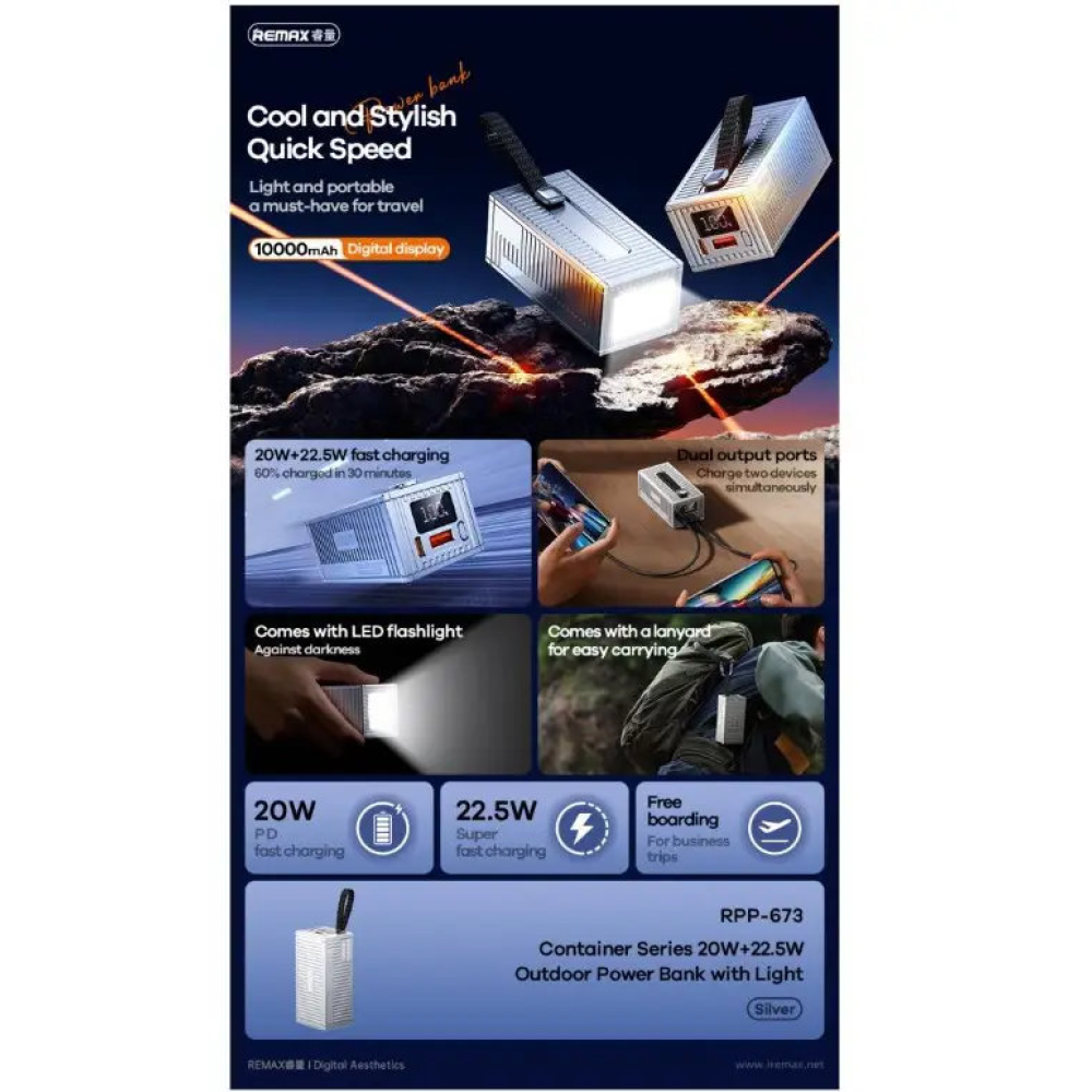 УМБ Павербанк 10000mAh REMAX RPP-673 22,5W Powerbank з ліхтарем