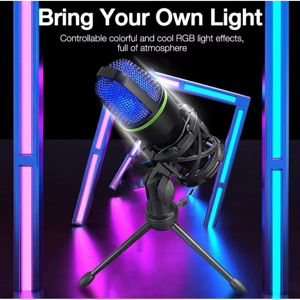 Мікрофон USB RGB Condenser зі штативом та поп-фільтром для ігор і стрімів.