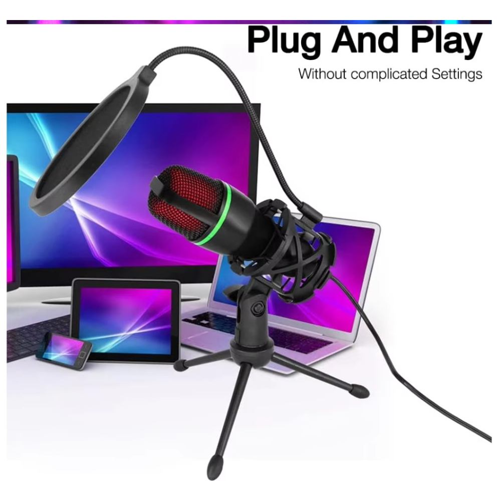 Мікрофон USB RGB Condenser зі штативом та поп-фільтром для ігор і стрімів.