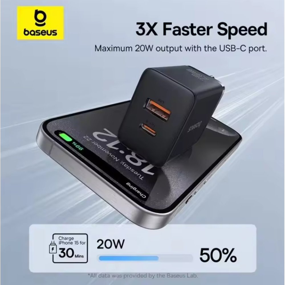 Мережевий зарядний пристрій Baseus 20W Type-C + USB Baseus Cube Fast Charger C+U