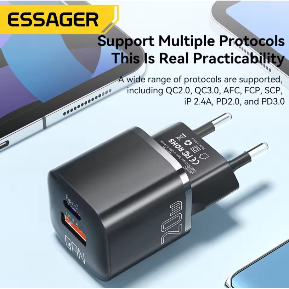 Мережевий зарядний пристрій Essager 20W QC3.0  AFC FCP SCP  (Швидка зарядка)