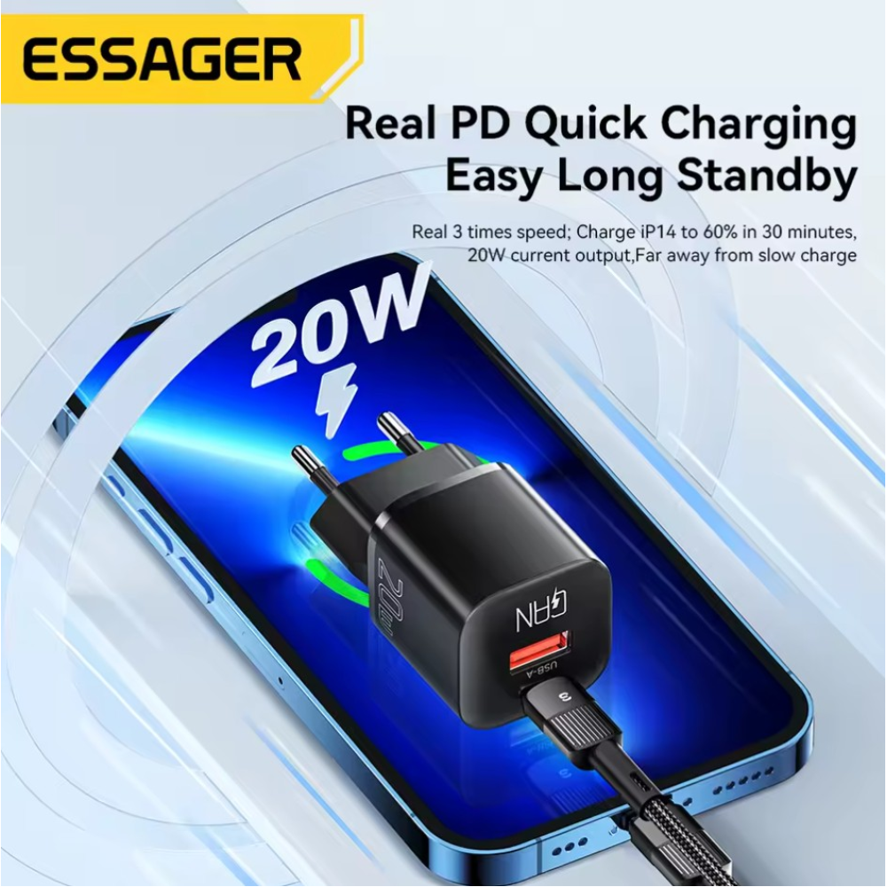 Мережевий зарядний пристрій Essager 20W QC3.0  AFC FCP SCP  (Швидка зарядка)