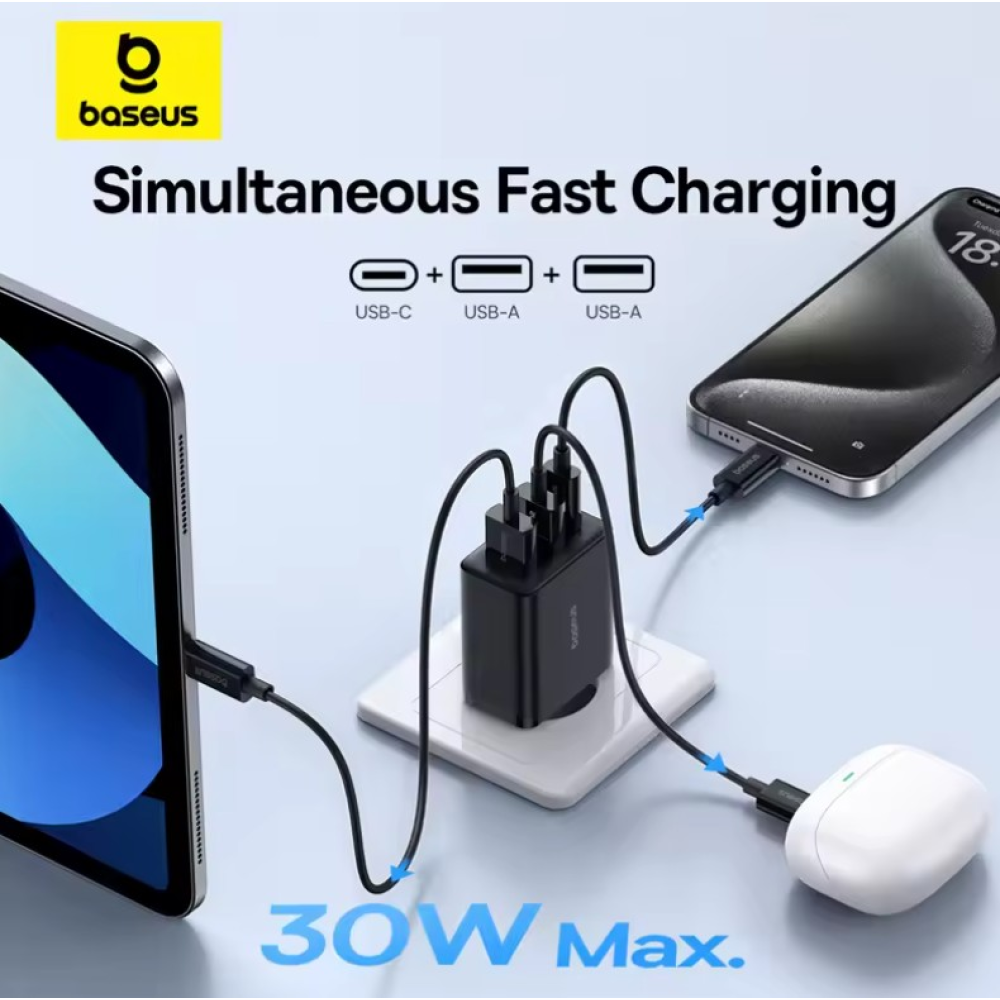 Сетевое зарядное устройство Baseus 30W Type-C + 2USB Baseus Cube Fast Charger 2U+C