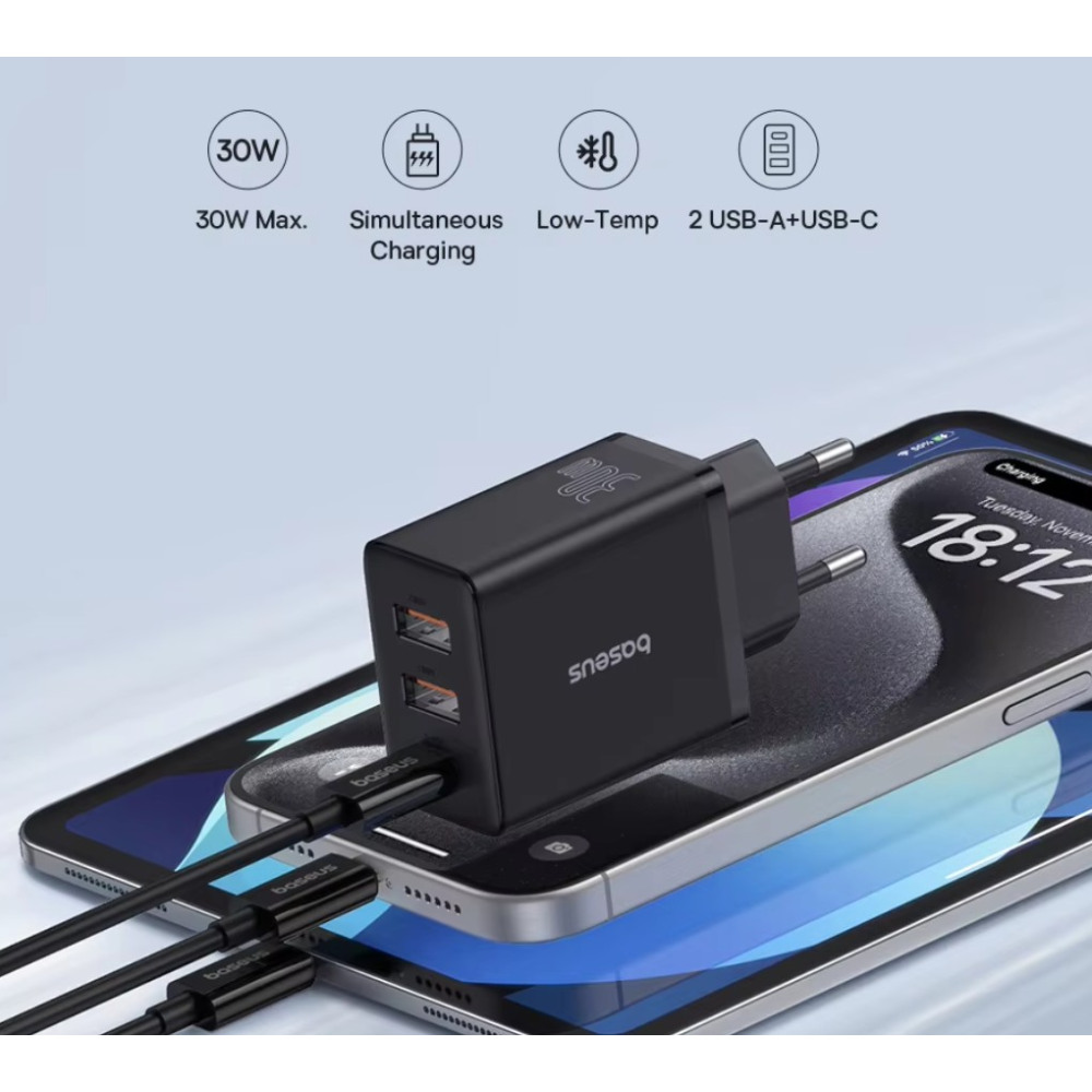 Сетевое зарядное устройство Baseus 30W Type-C + 2USB Baseus Cube Fast Charger 2U+C