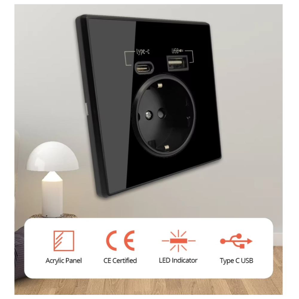 Розетка  із заземленням UBS+Type-C Wallpad Blk