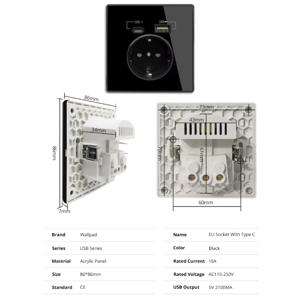Розетка  із заземленням UBS+Type-C Wallpad Blk