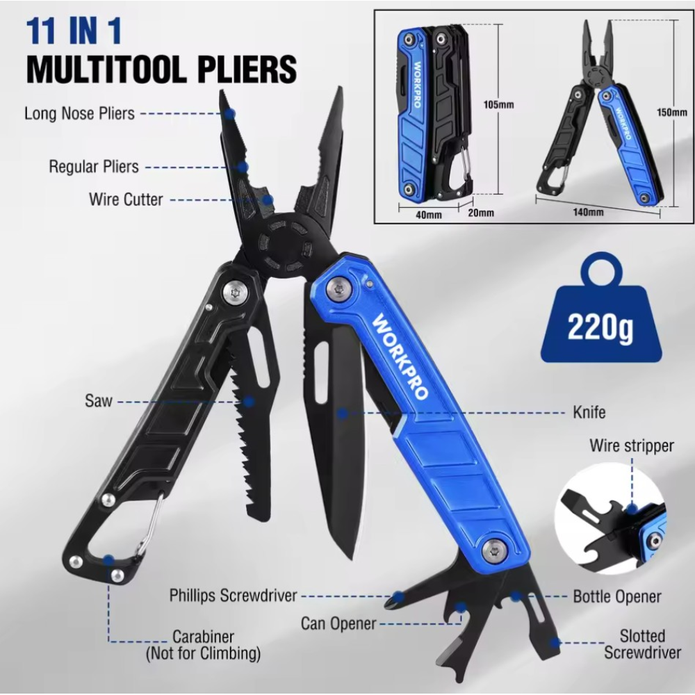 Мультитул  WORKPRO W014102AS 11в1 карабин. Liner-lock защита