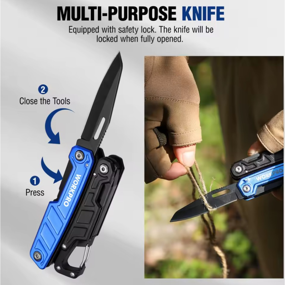 Мультитул  WORKPRO W014102AS 11в1 карабин. Liner-lock защита