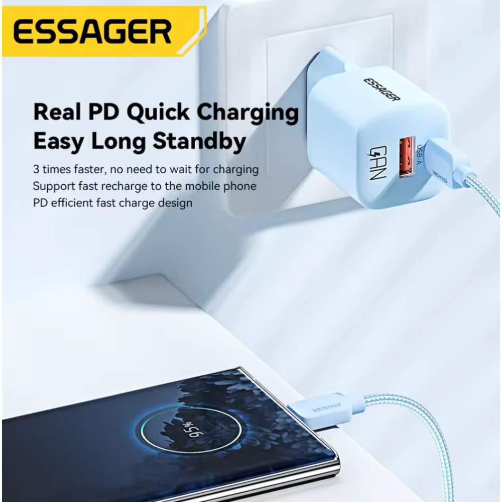 Мережевий зарядний пристрій Essager 20W QC3.0  AFC FCP SCP 3.6A (Швидка зарядка) + Кабель Type-C 1m Чорне