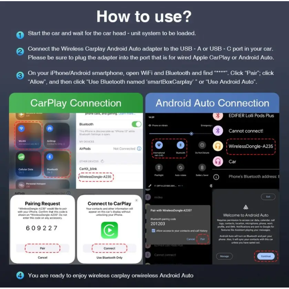 Адаптер беспроводной для Apple CarPlay и Android Auto 2in1 USB WIFI5 Bluetooth 5.0 С переходниками