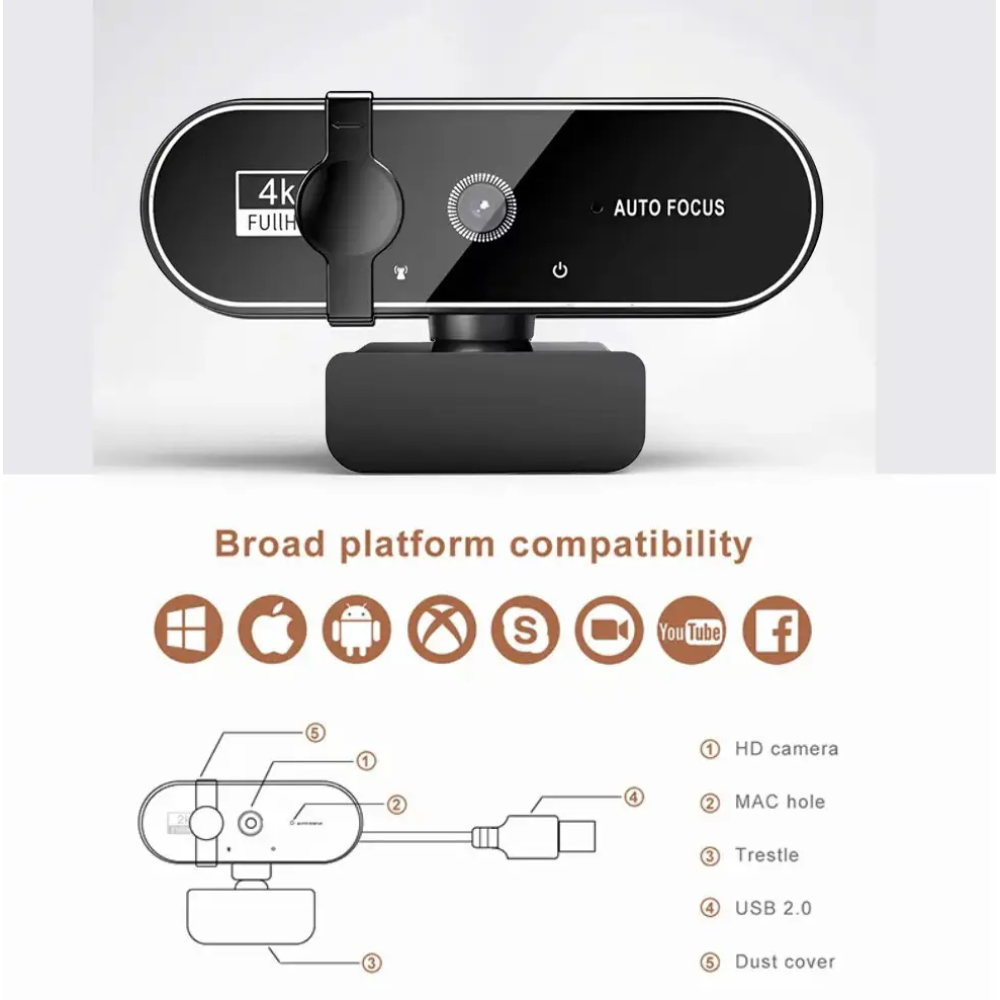 Веб-камера 4K 3840×2160 Автофокус, Мікрофон, Plug and Play USB зі шторкою безпеки