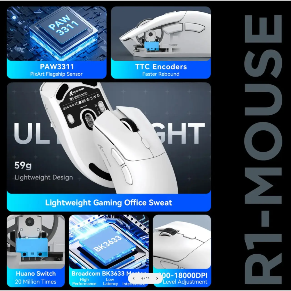 Миша бездротова ігрова ATTACK SHARK R1 чорна. Радіо 2.4Ghz + Bluetooth 5.2