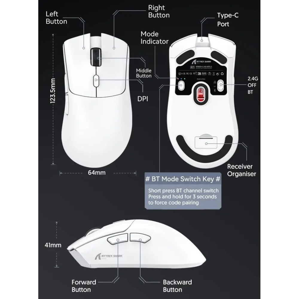 Миша бездротова ігрова ATTACK SHARK R1 чорна. Радіо 2.4Ghz + Bluetooth 5.2