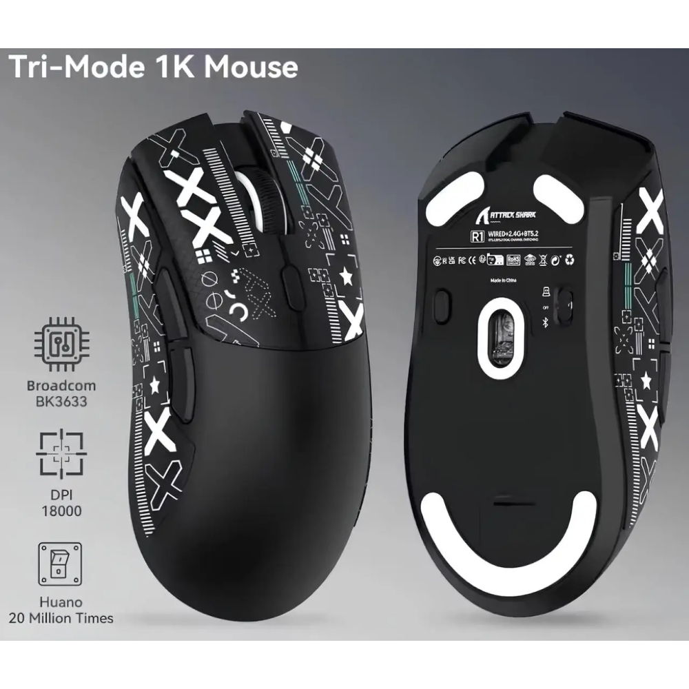 Миша бездротова ігрова ATTACK SHARK R1 чорна. Радіо 2.4Ghz + Bluetooth 5.2