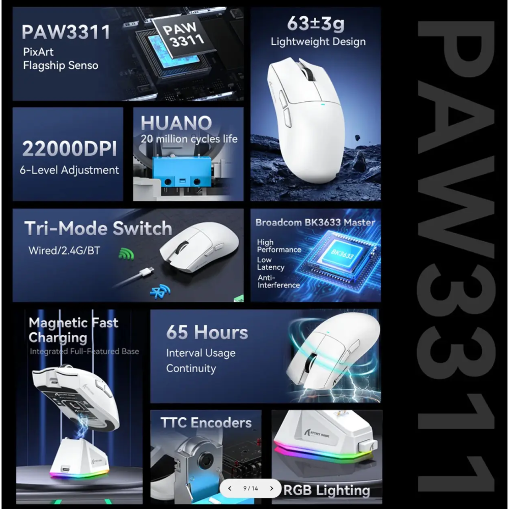 Миша бездротова ігрова ATTACK SHARK X11 чорна. Радіо 2.4Ghz + Bluetooth 5.2 + Док-станція