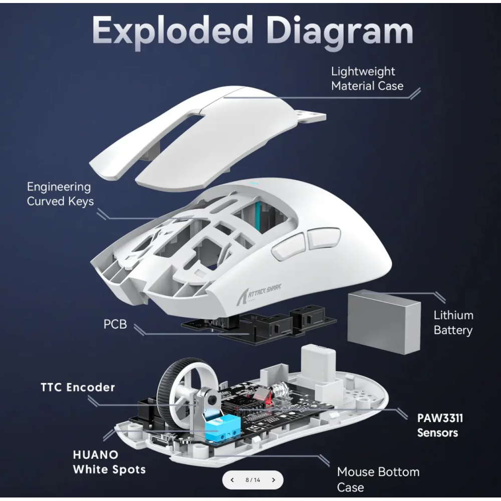 Миша бездротова ігрова ATTACK SHARK X11 чорна. Радіо 2.4Ghz + Bluetooth 5.2 + Док-станція