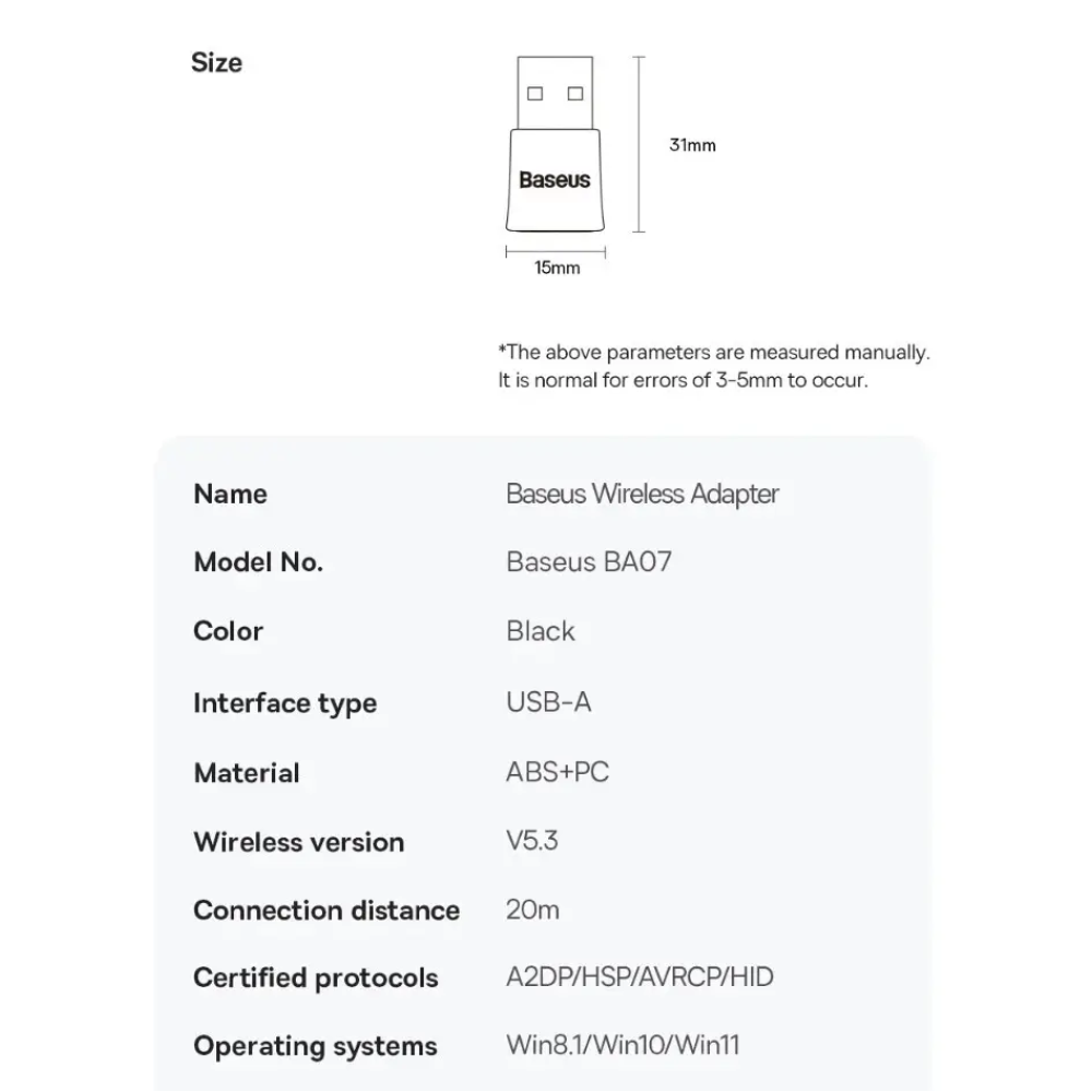 Bluetooth адаптер Dongle USB Bluetooth 5.3 Baseus BA07
