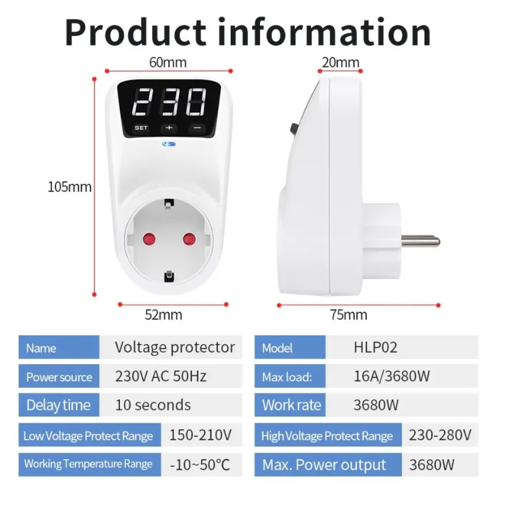 Захисне реле напруги в розетку HLP02 3680W 150-280V 16A
