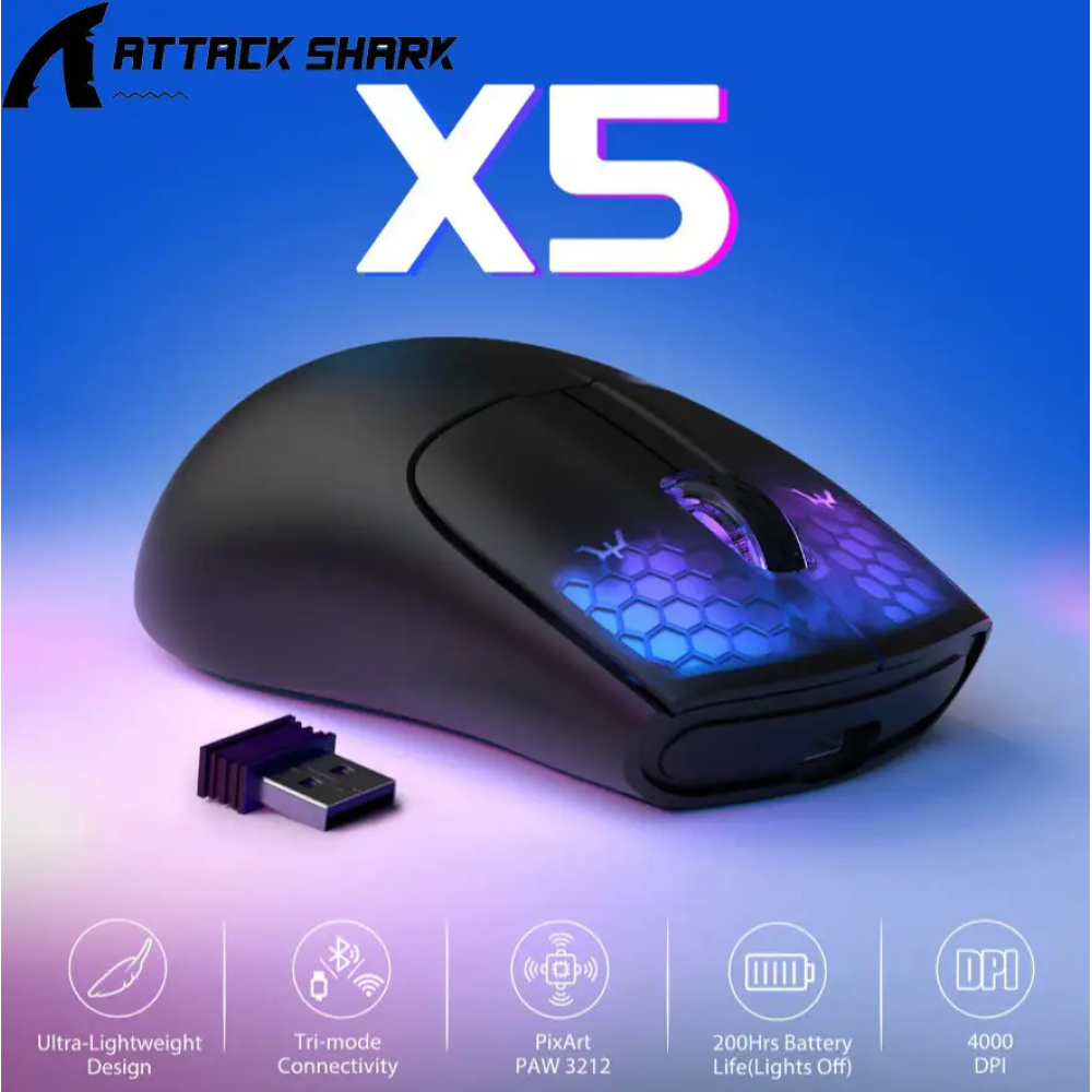 Миша бездротова ігрова ATTACK SHARK X5 чорна. 3 підключення. Радіо 2.4Ghz + Bluetooth 5.0 + type-c