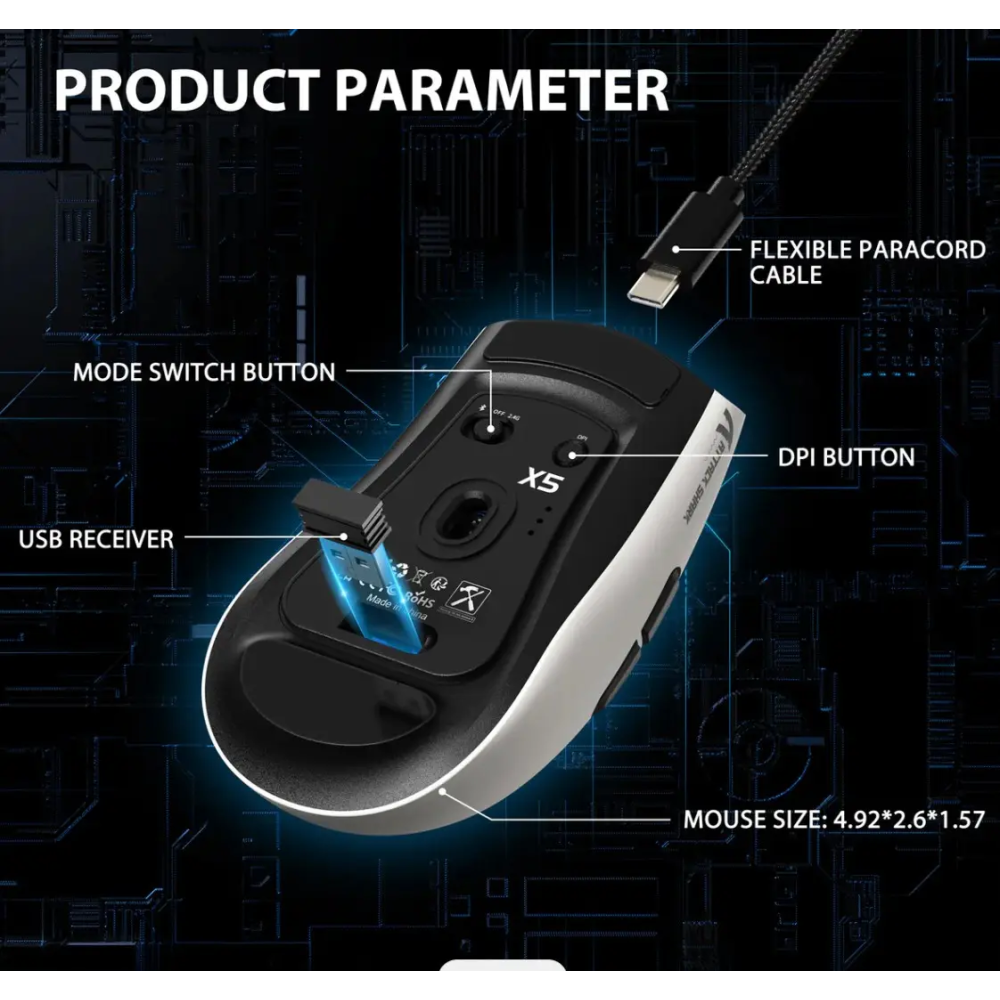 Миша бездротова ігрова ATTACK SHARK X5 чорна. 3 підключення. Радіо 2.4Ghz + Bluetooth 5.0 + type-c