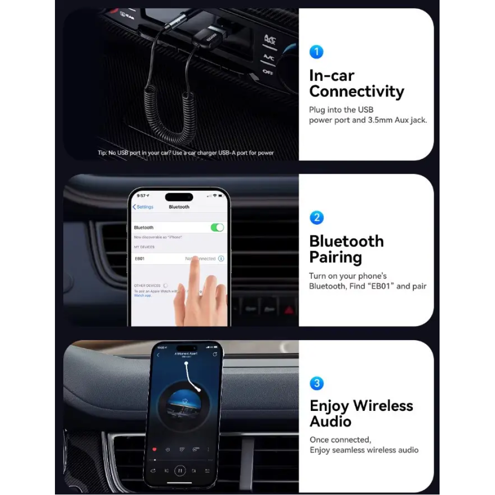 Bluetooth Ресивер автомобильный Essager EB01 USB AUX Bluetooth 5.0 hands-free