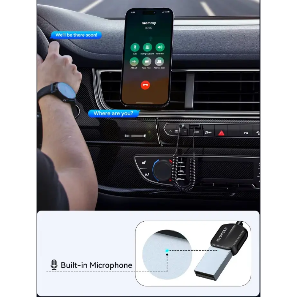 Bluetooth Ресивер автомобильный Essager EB01 USB AUX Bluetooth 5.0 hands-free