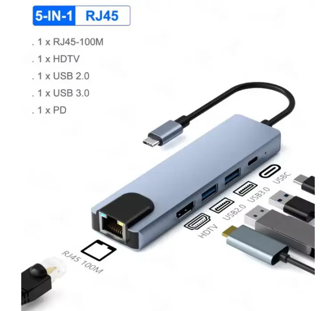 USB 3.0 хаб + кардрідер + конвертер HDMI 4K, LAN 5 у 1 SmartGo док-станція