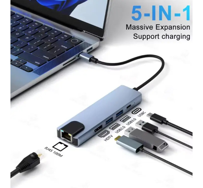 USB 3.0 хаб + кардрідер + конвертер HDMI 4K, LAN 5 у 1 SmartGo док-станція