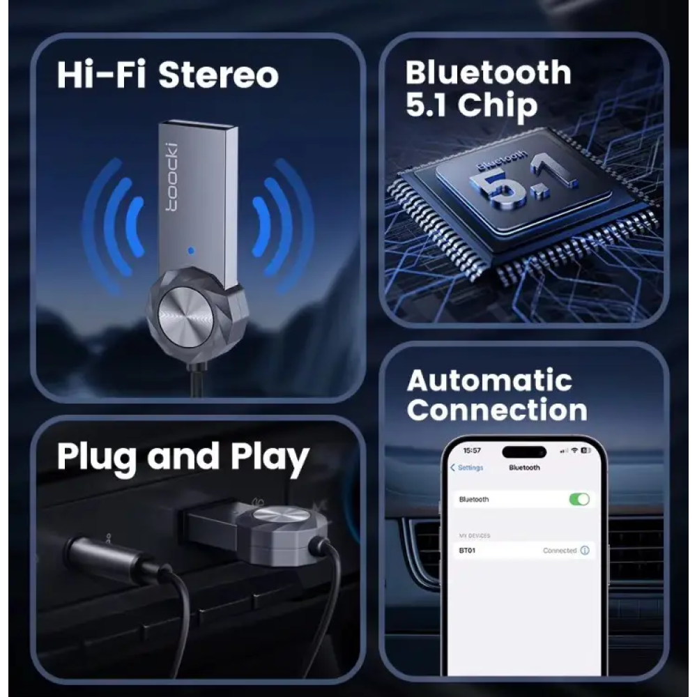 Bluetooth Ресивер автомобильный  Toocki USB AUX Bluetooth 5.1 hands-free