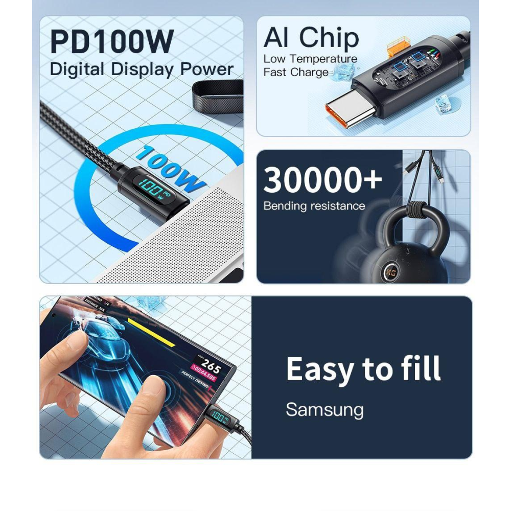 Кабель  Type-c - Type-c 100W Essager Display PD3.0 QC4.0 FCP AFC Чорний 1m V1