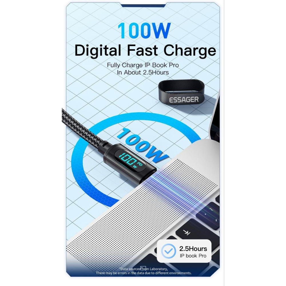 Кабель  Type-c - Type-c 100W Essager Display PD3.0 QC4.0 FCP AFC Чорний 1m V1