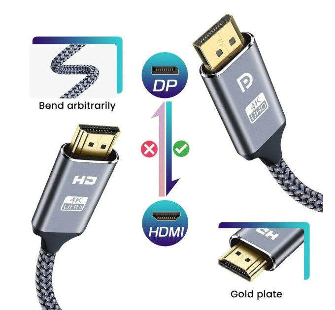 Кабель DisplayPort - HDMI 4K 1м в оплетці SmartGo