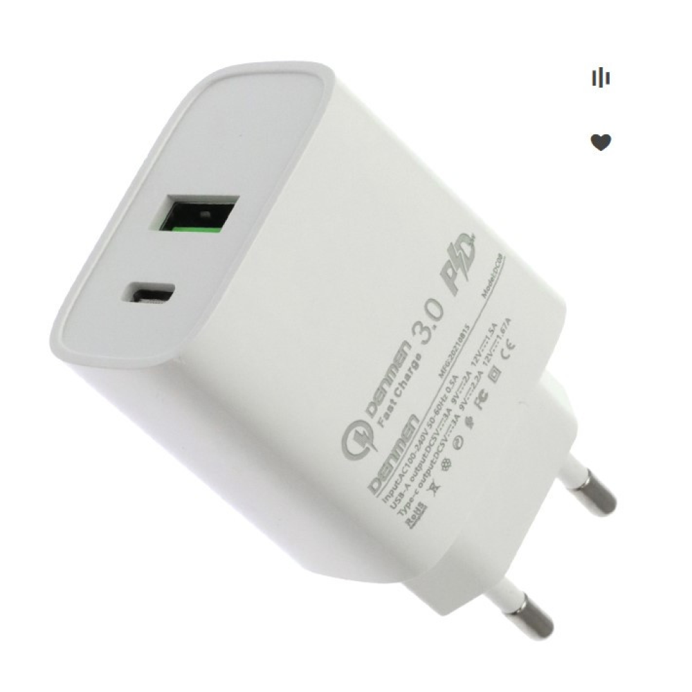 Мережевий зарядний пристрій Denmen DC08 QC3.0   QC3.0 (Type-C + USB)  5V-3A; 9V-2,2A ;  12V - 1,67A