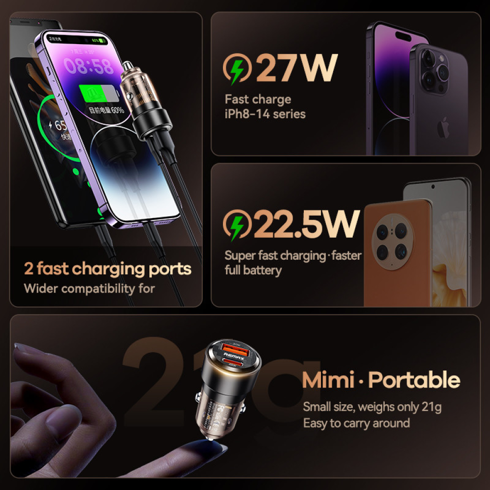 Автомобильное зарядное устройство 75W REMAX Walking Series PD+QC 1C+1A Fast Car Charger RCC360