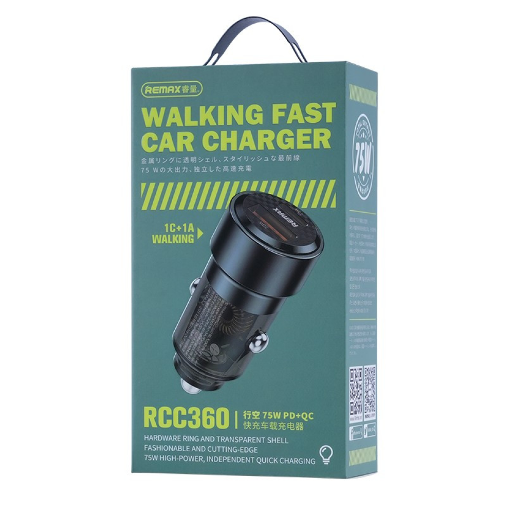 Автомобильное зарядное устройство 75W REMAX Walking Series PD+QC 1C+1A Fast Car Charger RCC360